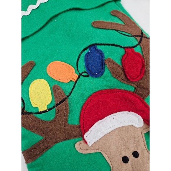 Green Felt Christmas Stocking Reindeer Festive Lights Vintage Holiday 19 in - Picture 5 of 8